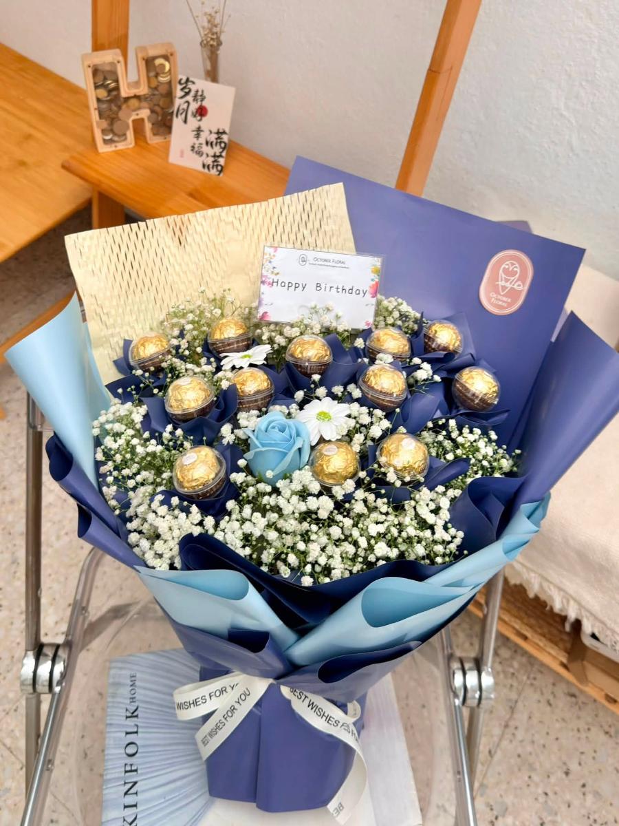 Chocolate & Blue Rose Birthday Bouquet