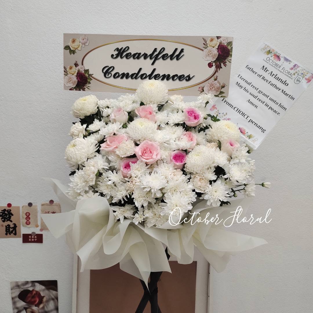 Heartfelt Condolences - White & Pink Rose Sympathy Stand