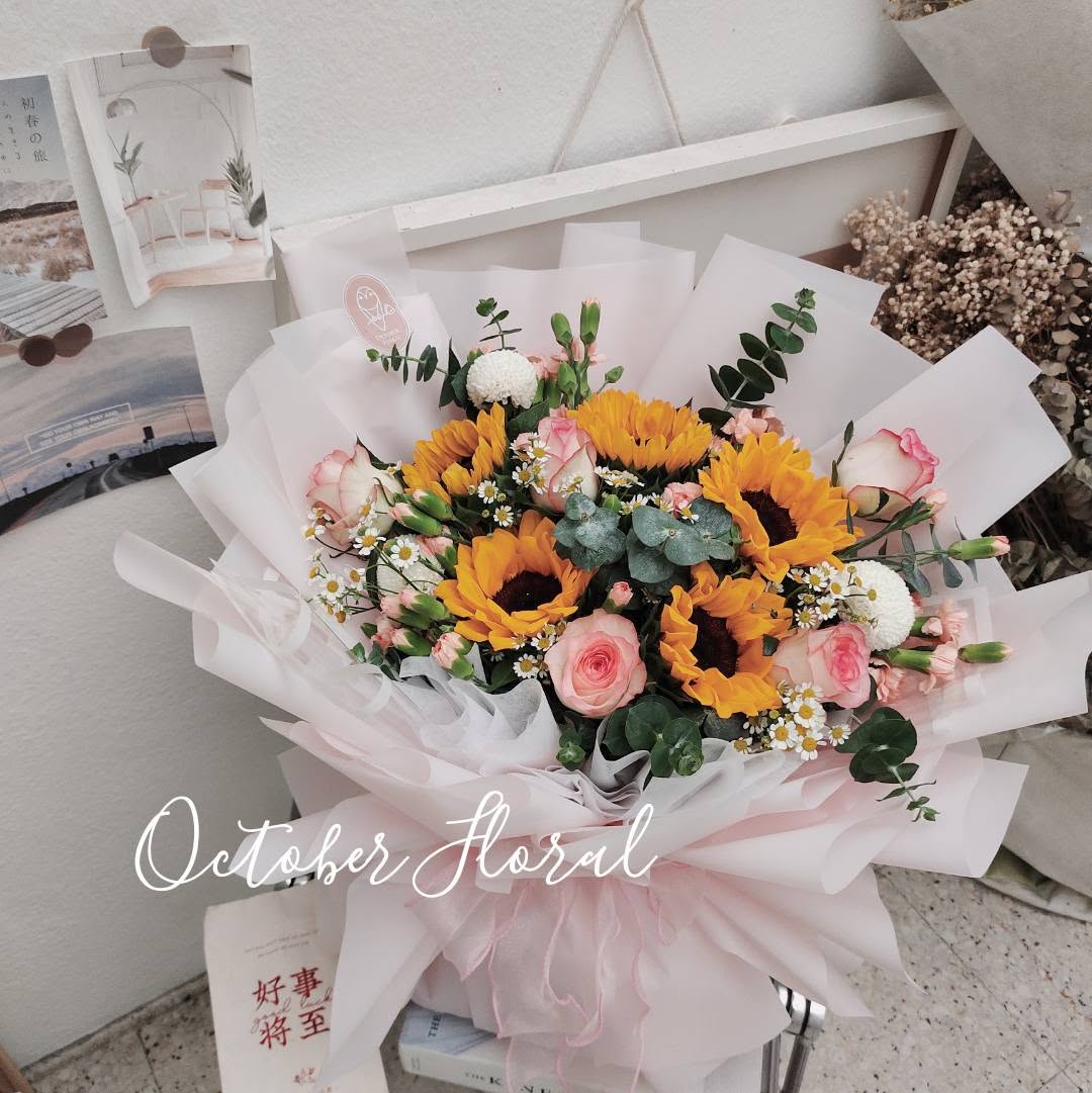 Sunshine Radiance - Sunflower & Pink Rose Hand Bouquet