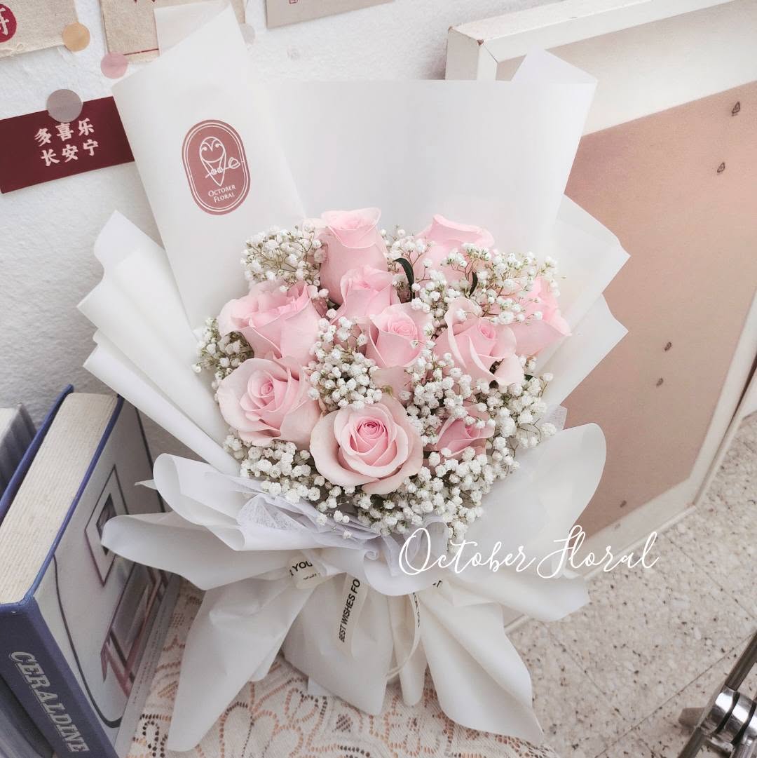 Pure Romance - Pink Rose with Baby's Breath Hand Bouquet