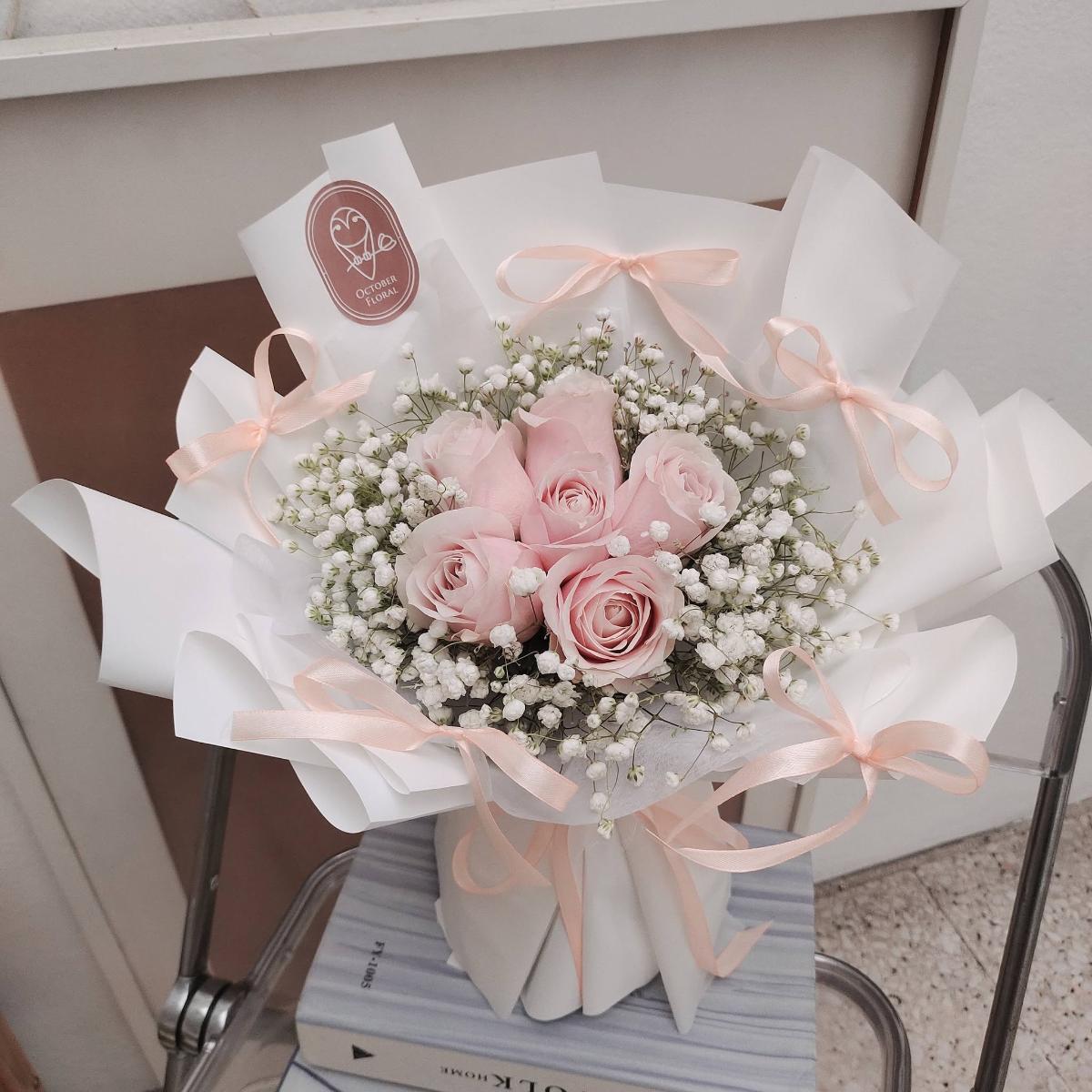 Sweet Ribbon - Pink Rose & Baby's Breath Hand Bouquet