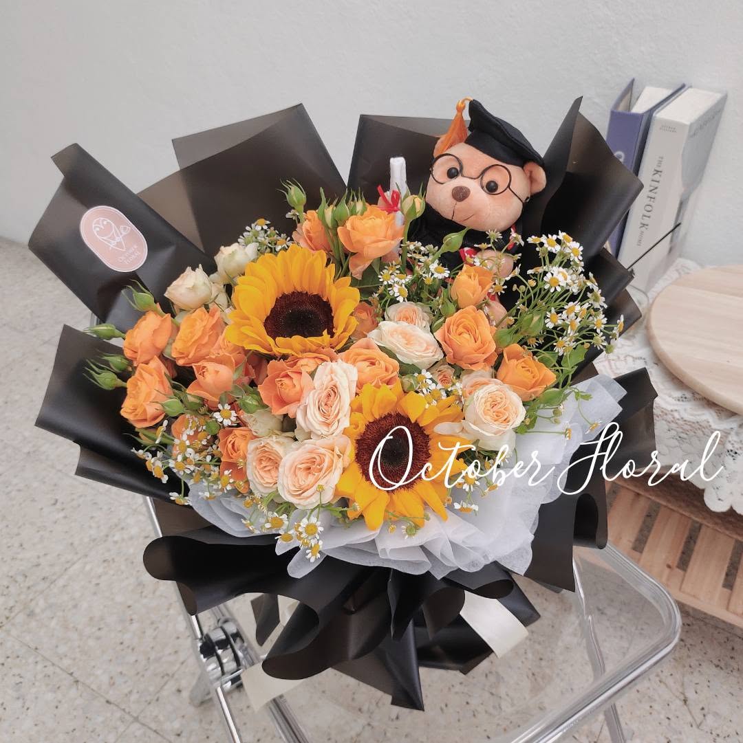 Future Star - Sunflower & Orange Rose Graduation Bear Bouquet in Black Wrap
