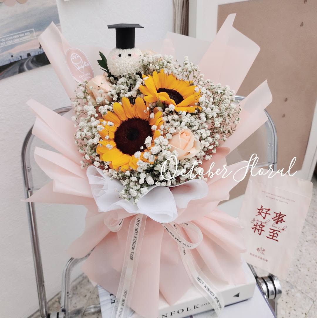 Sweet Graduate - Sunflower & Pink Rose Graduation Bouquet with Snowman Doll