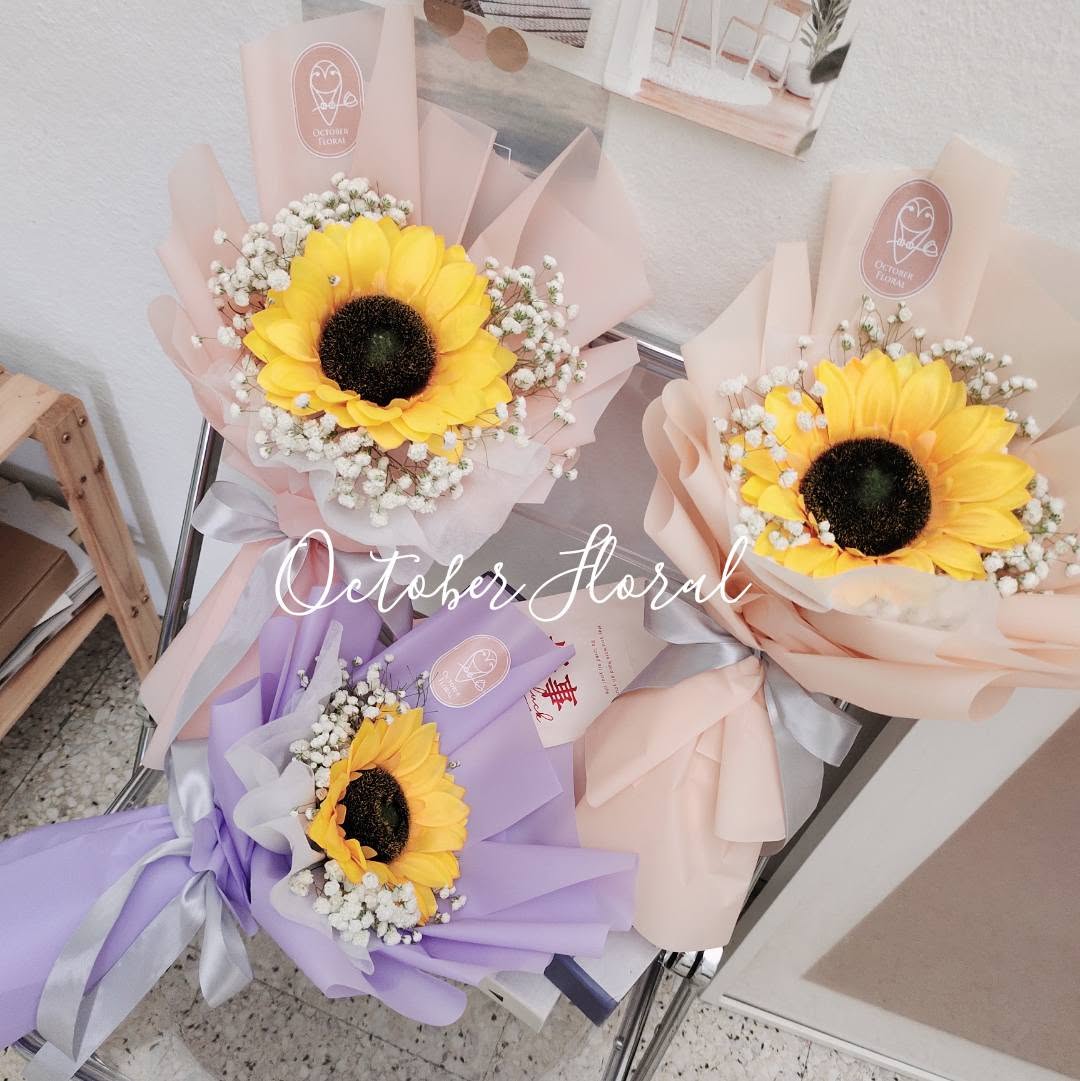 Sunny Grace - Single Sunflower & Baby's Breath Hand Bouquet in Pastel Wrap