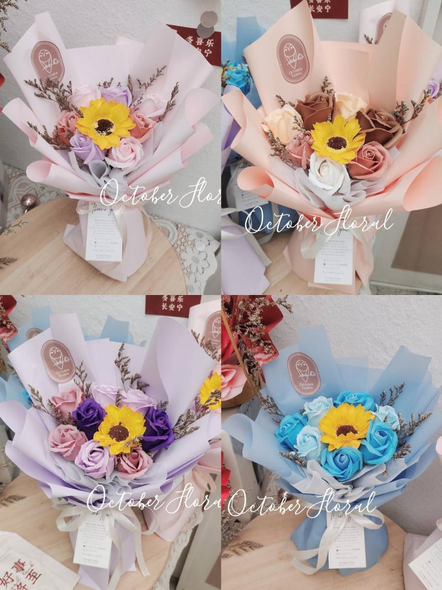 Everlasting Love - Sunflower & Soap Rose Multi-Color Hand Bouquet Collection