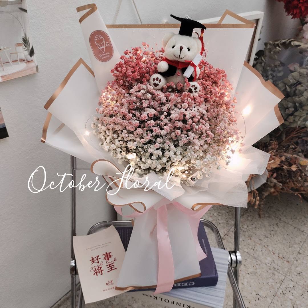 Pink Romance - LED Gradient Baby's Breath Graduation Bear Bouquet