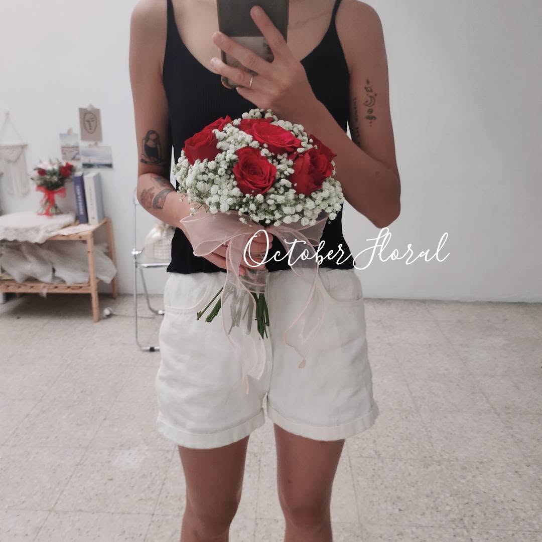Timeless Romance - Classic Red Rose & Baby's Breath Round Hand Bouquet