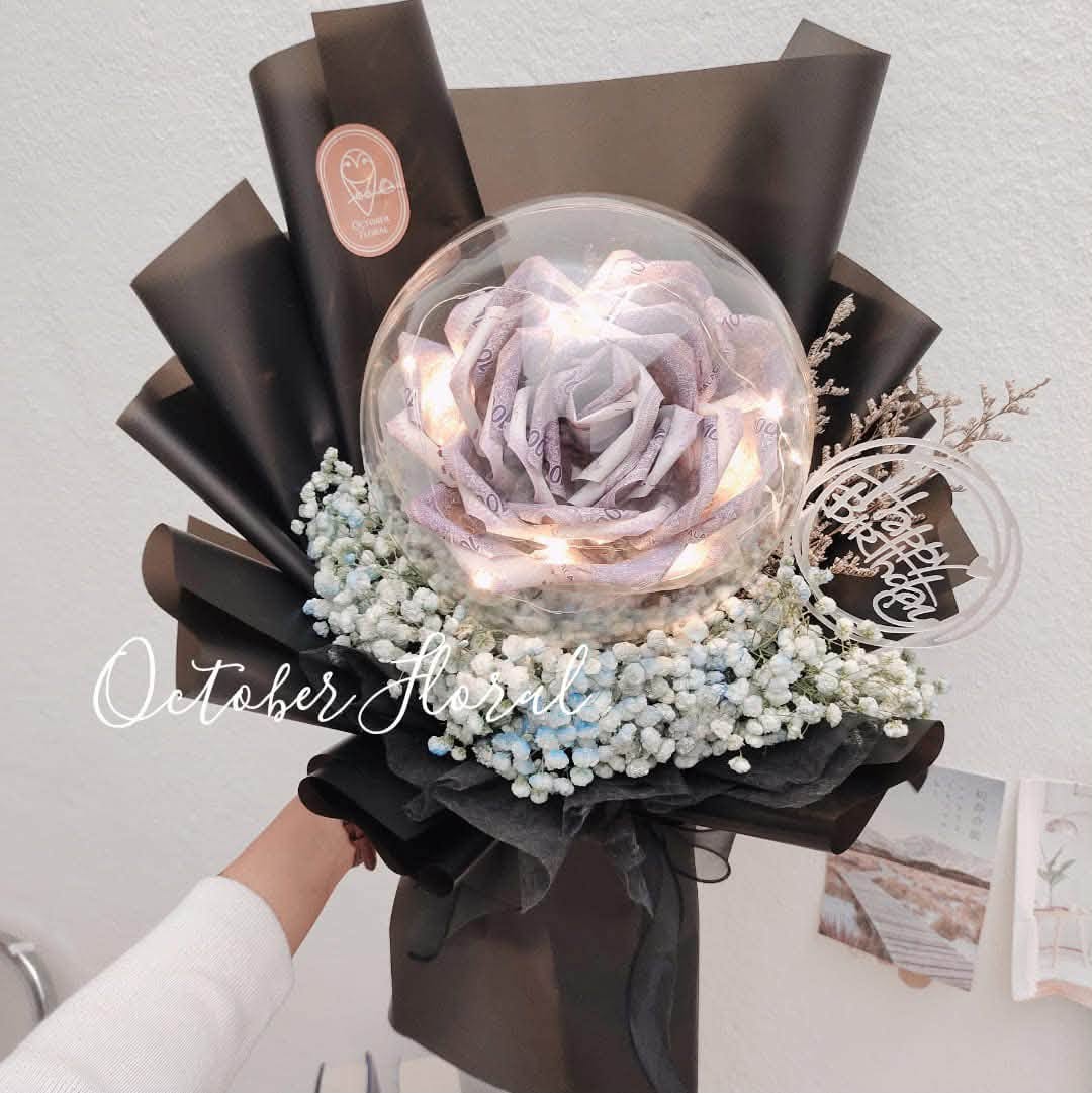 Crystal Love - Black Wrapped Bobo Balloon with Built-In Banknote Folded Rose & LED Romantic Bouquet