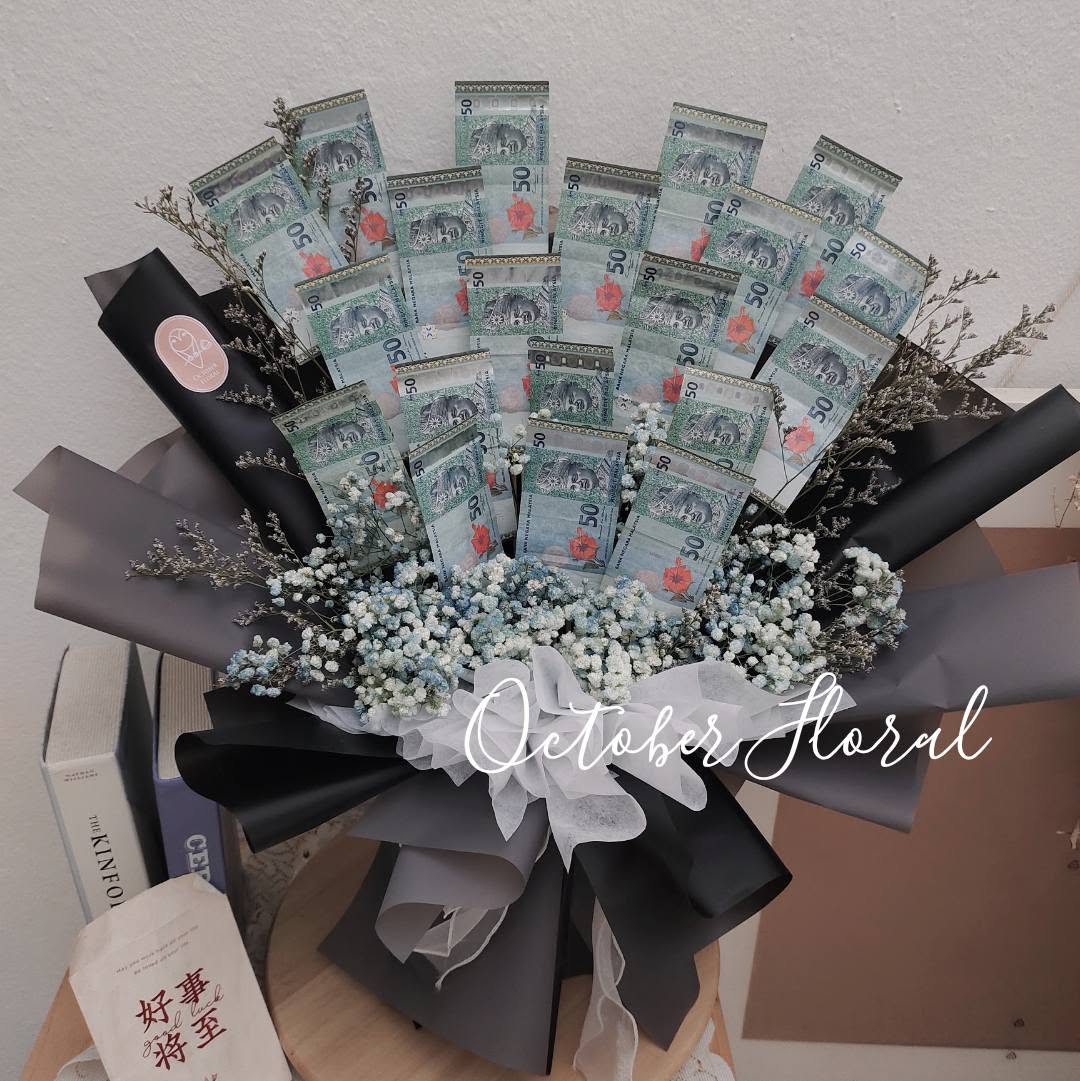 Boundless Generosity - Cool Black Wrapped High-Denomination Banknote Matrix & Blue-White Baby's Breath Luxury Bouquet