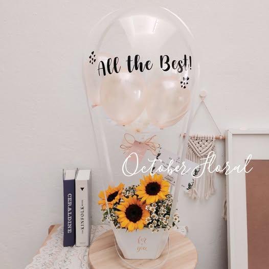 Sunny Hot Air Balloon - Clear Bobo Balloon Arranged Like a Hot Air Balloon with Sunflowers and Small Daisies