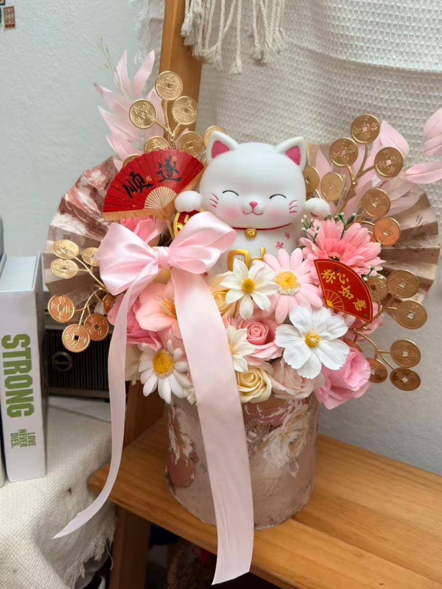 Pink Fortune - Retro Pink Flower Bucket Featuring a Lucky Cat Figurine