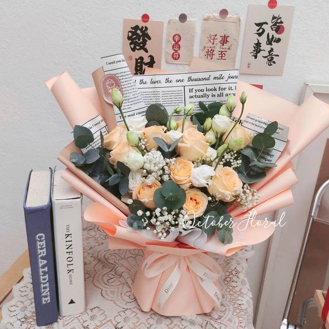 Vintage Chronicle - Latte Rose & Eustoma Hand Bouquet with Retro Newspaper Wrap