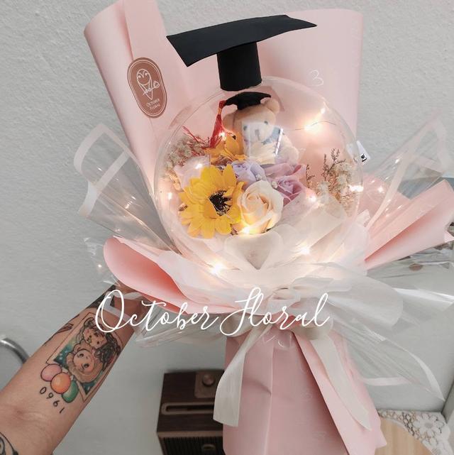 Graduation Star - Acrylic Balloon & Bear Sunflower Bouquet in Pink Wrap