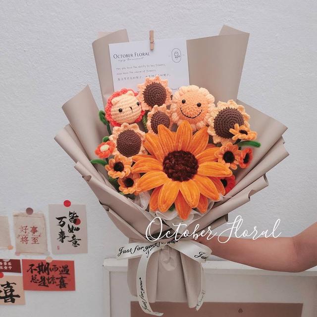 Sun-Kissed Joy - Handmade Yarn Sunflower & Smiley Face Large Hand Bouquet