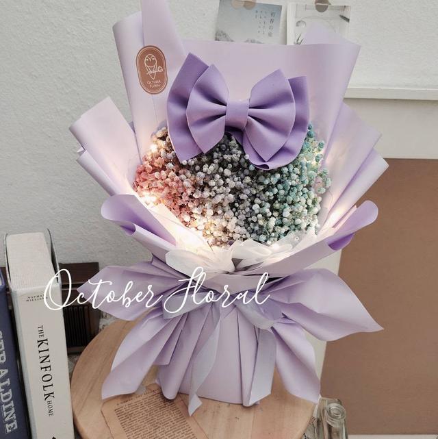 Purple Dream - LED Lighted Gradient Baby's Breath Bouquet with Giant Bow