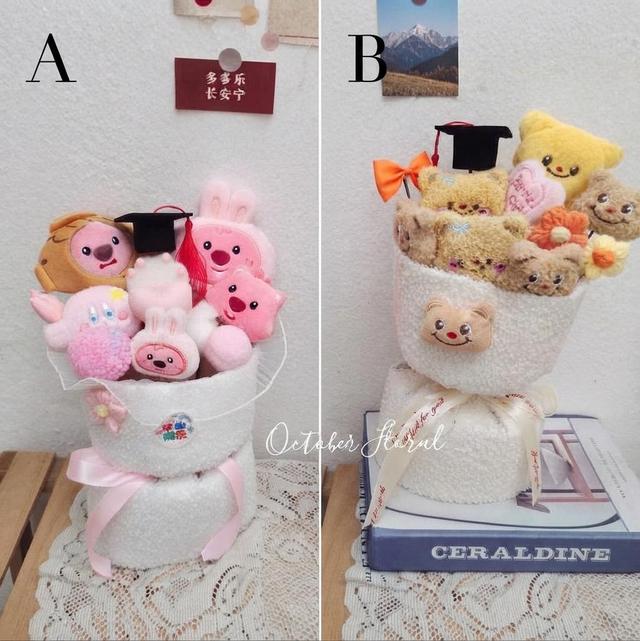 Childlike Graduation - White Plush-Edged Barrel Bouquet Set Featuring Pink Cartoon Dolls and Brown Bears